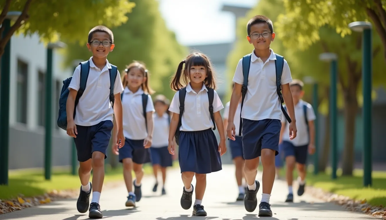 Children in school uniforms walking together, ready for enrichment activities during the holidays
