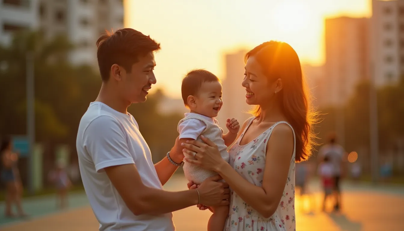 Family enjoying an evening walk with their stroller at an HDB playground