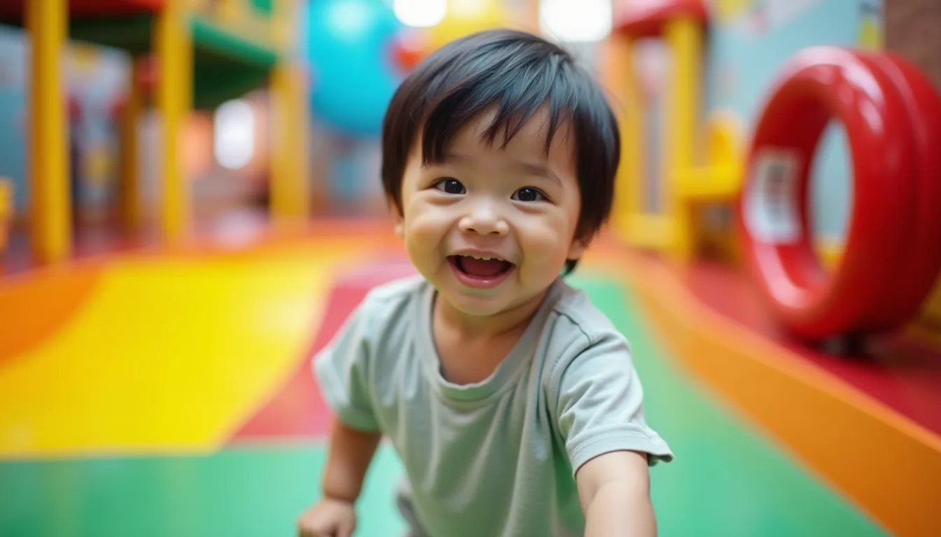 Toddler having fun at a colourful indoor playground in Singapore during the school holidays