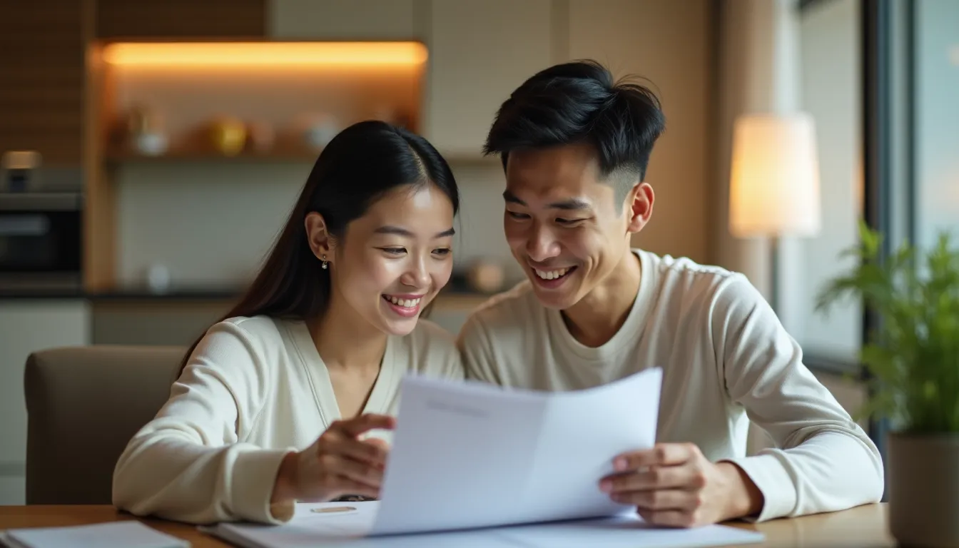 Young Singaporean couple reviewing their Baby Bonus and CDA savings documents together