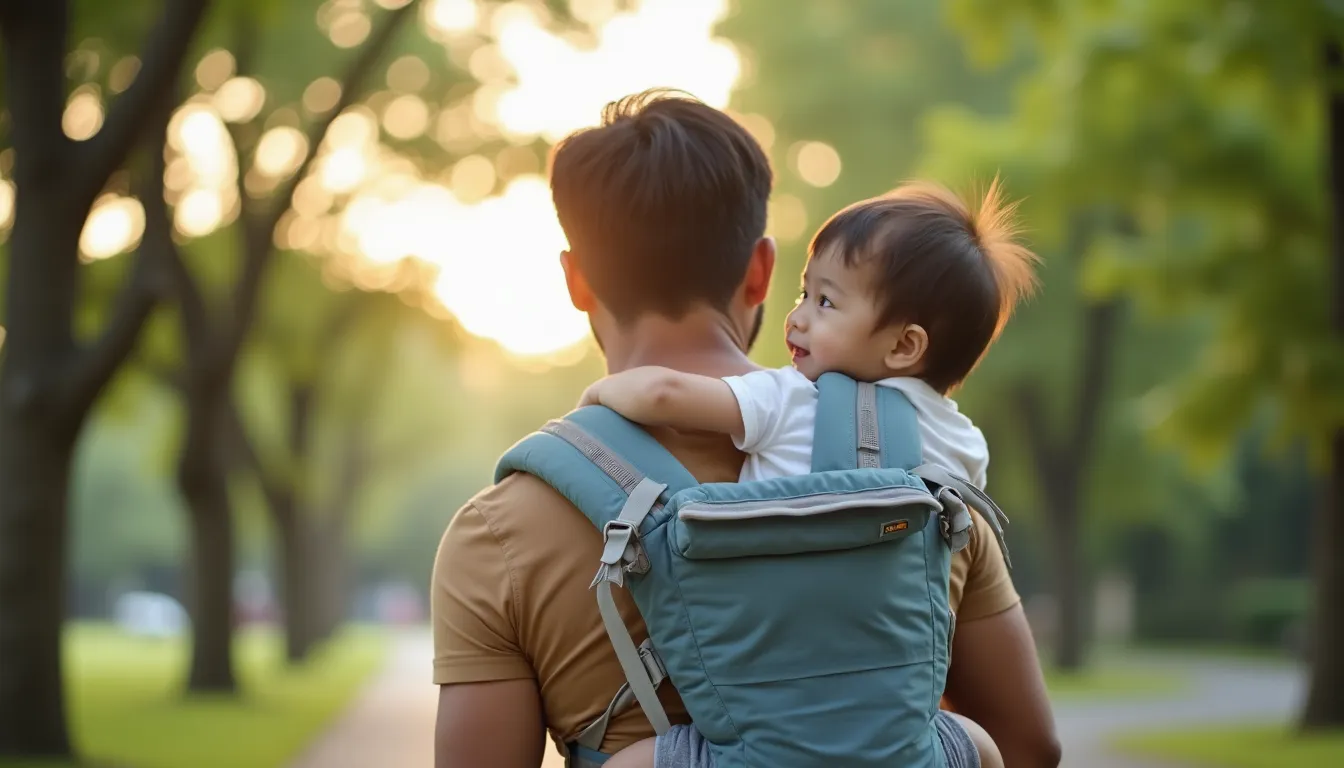 Father carrying baby in a carrier at the park, bonding through non-feeding activities