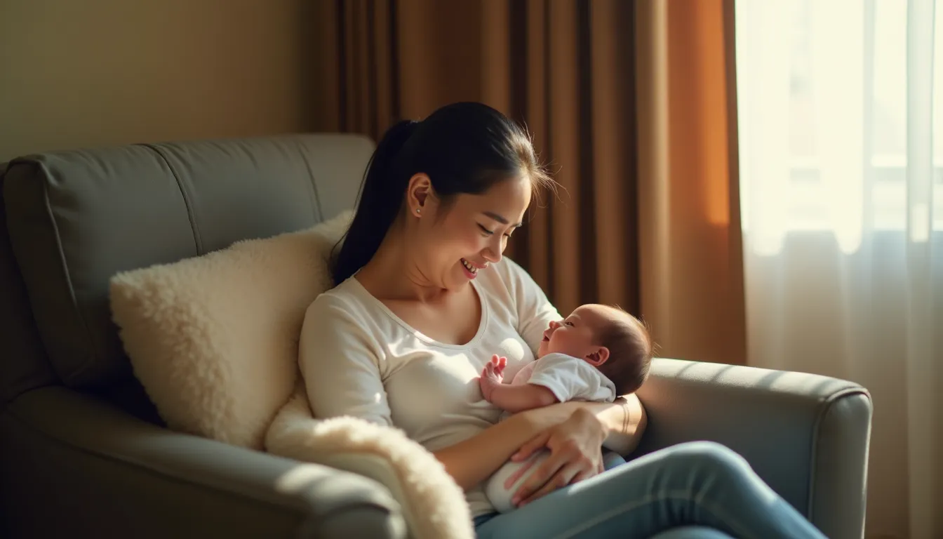 Mother holding newborn in nursing chair while breastfeeding