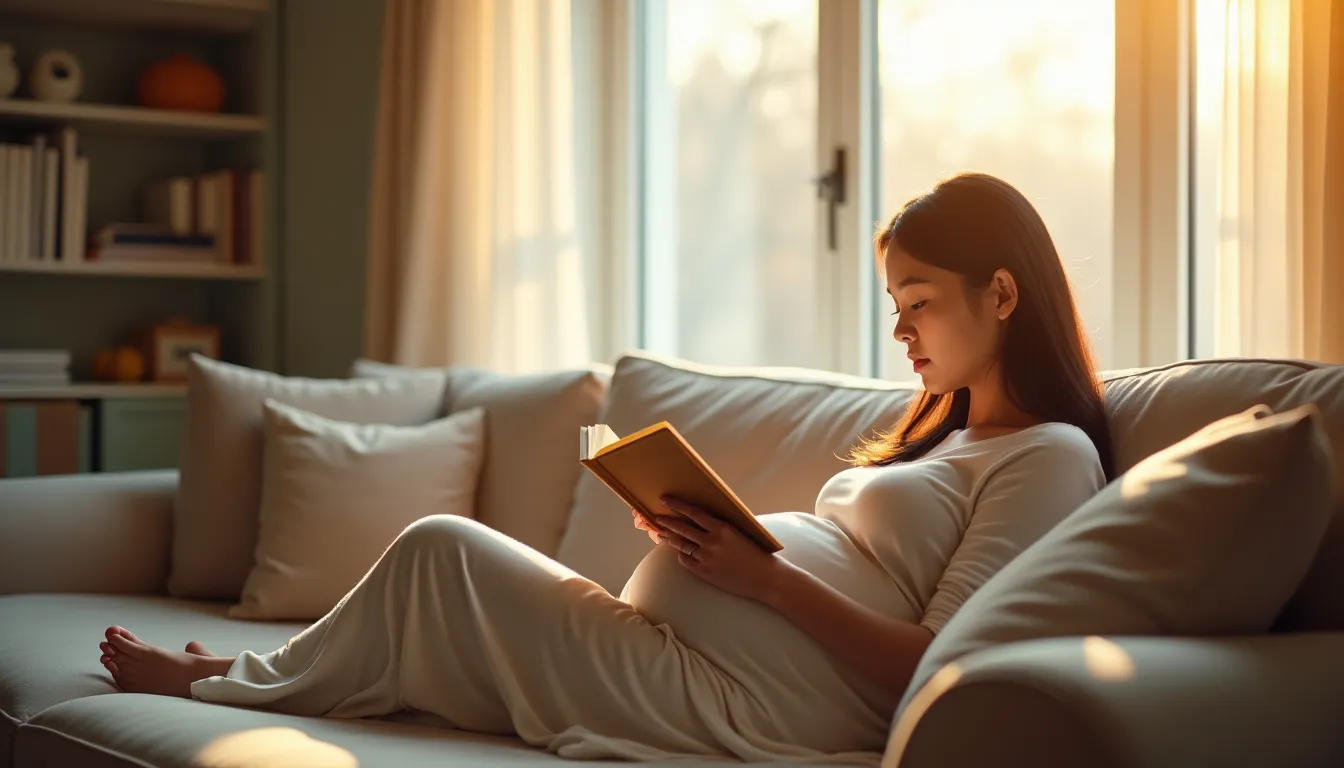 Pregnant woman relaxing on the sofa with a book, preparing for the changes ahead